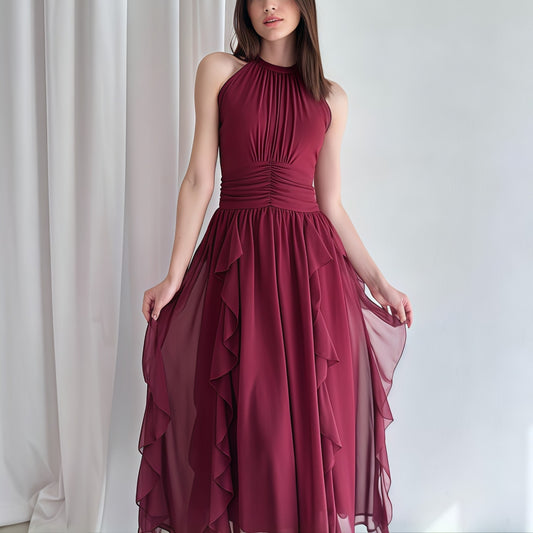 Dame elegant halværmet kjole med flæsedetaljer Stilla