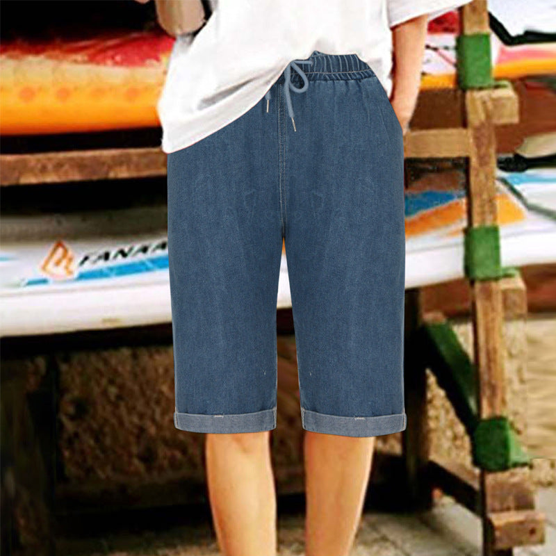 Dame Denim-Bermudaer med justerbar snor og opfoldet kant Stilla