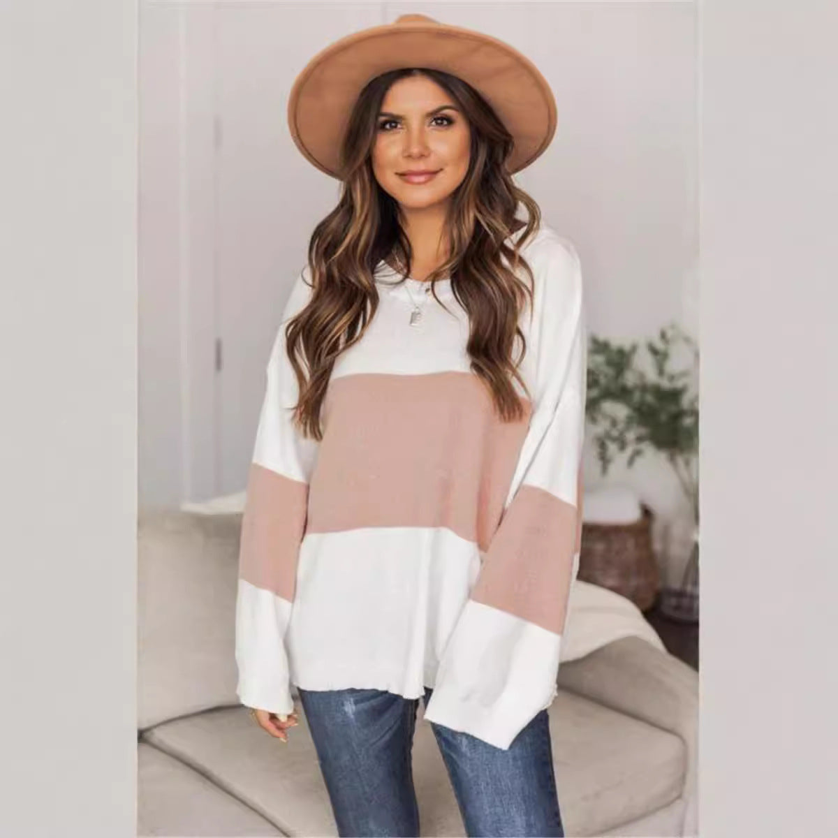 Dame afslappet grovstrikket sweater med moderne stribemønster og bredt skårne ærmer Stilla