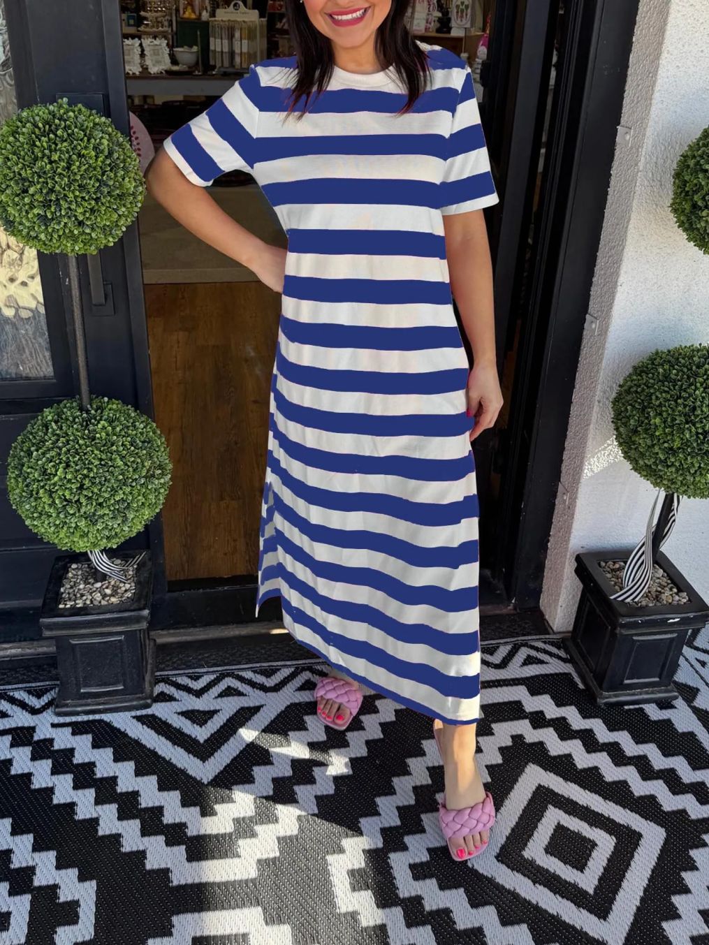 Dame afslappet maxikjole lavet af blød flydende bomuldsstof med stribemønster Stilla