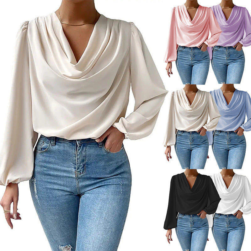 Dame elegant bluse med asymmetrisk krave og lange puffærmer Stiila