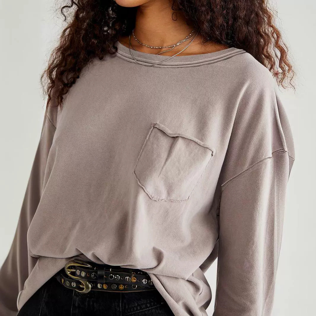 Dame afslappet langærmet skjorte med brystlomme og oversized snit Stilla