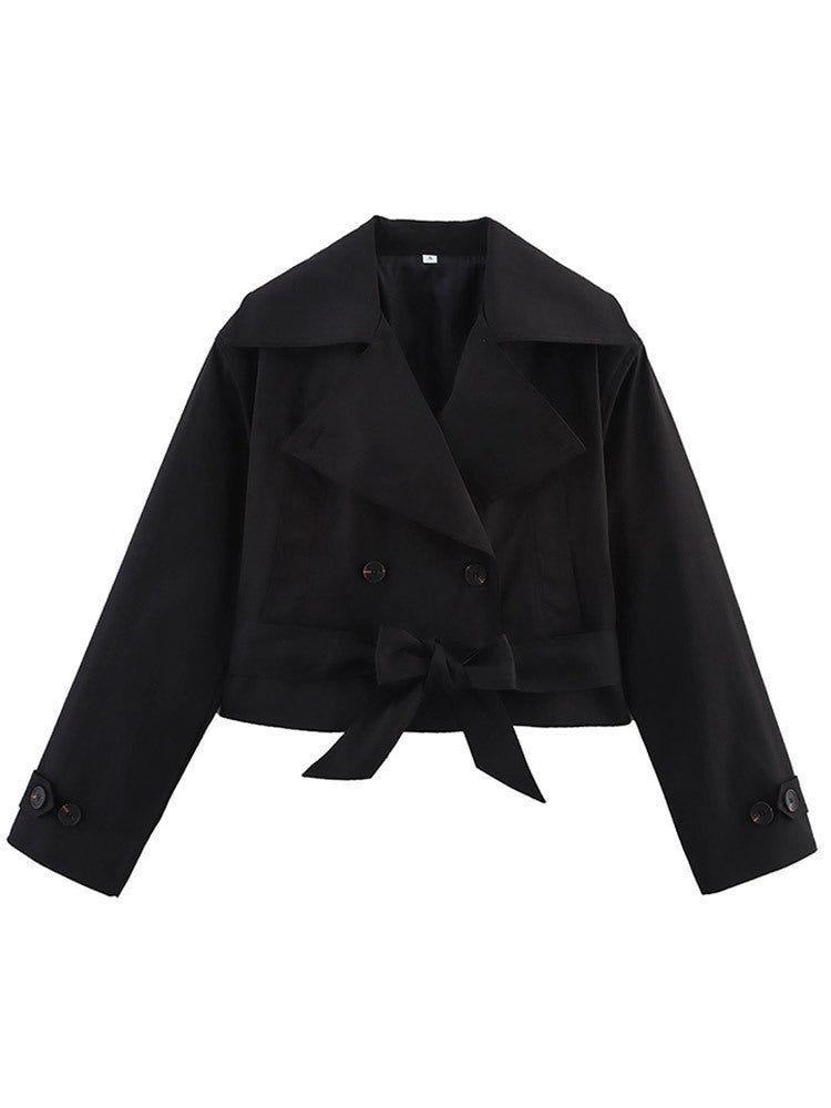 Dame Cropped Trenchcoat med bred revers og talje bælte Stilla