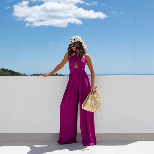 Dame Elegant jumpsuit med dyb V-udskæring og bredt skårne ben Stilla