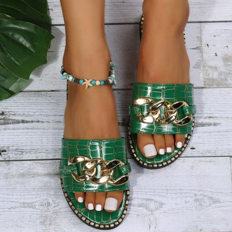 Dame åbne pantoletten med luksuriøs kædeaccent og blød krokodilleprægning Stilla