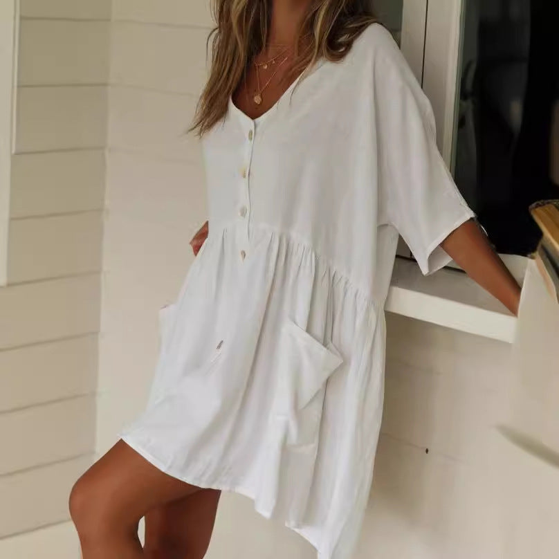 Dame afslappet skjortekjole i åndbart bomulds materiale med knaplukning og praktiske lommer Stilla