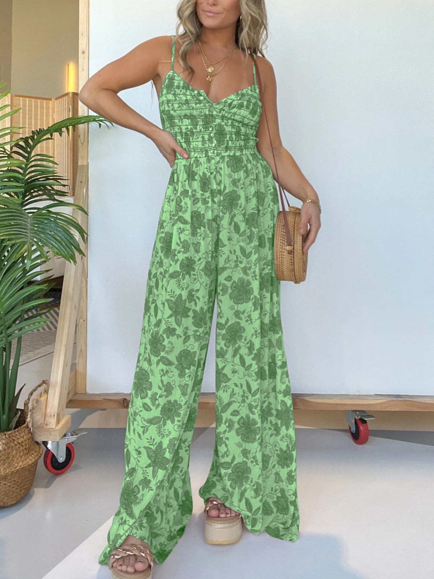 Dame luftig jumpsuit med blomstermønster og elastisk talje Stilla