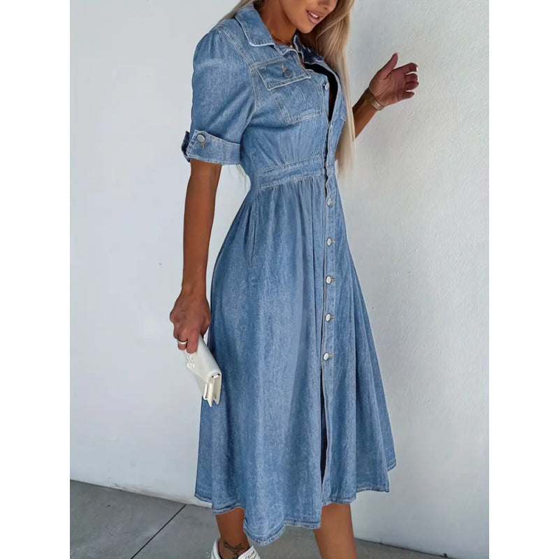 Dame Denim Skjortekjole med trykknaplukning og lommer Stilla