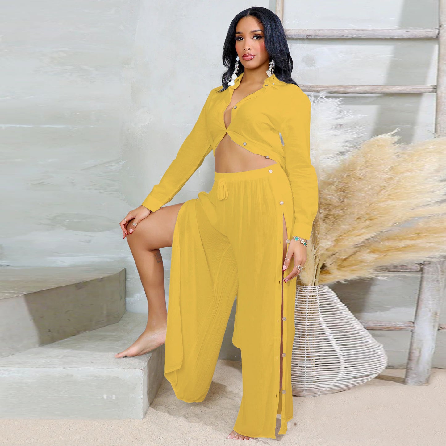 Dame afslappet fritidssæt med gennemgående skjorte og vide bukser Stilla