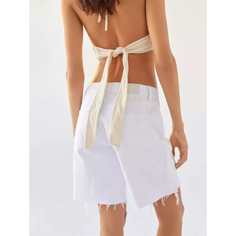 Dame Destroyed Jeans-Shorts med frynset kant og løs pasform Stilla