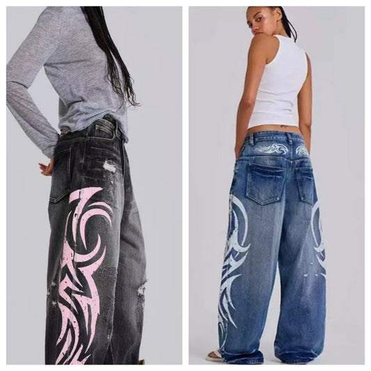 Dame distressed løs denim jeans med grafik Stilla