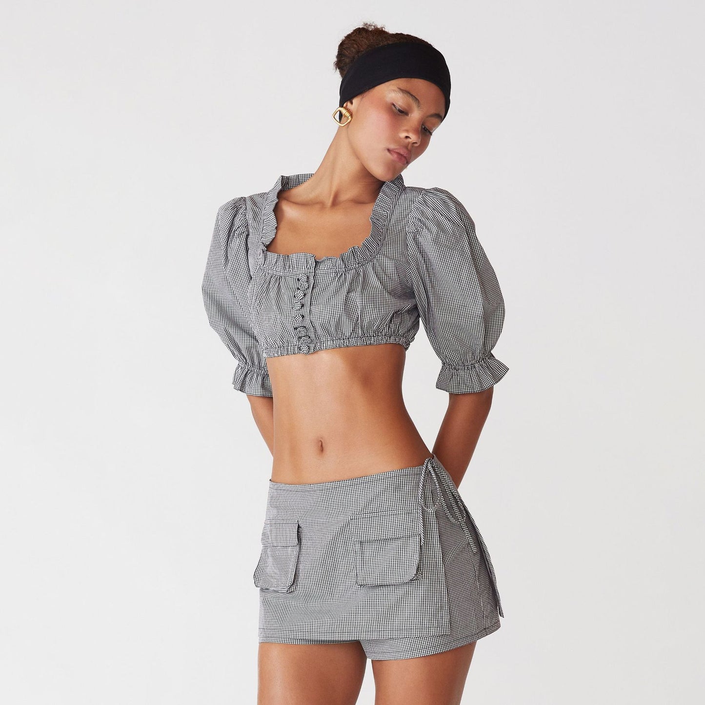 Dame Puffærme Cropped Bluse med Flæse Detaljer Stilla