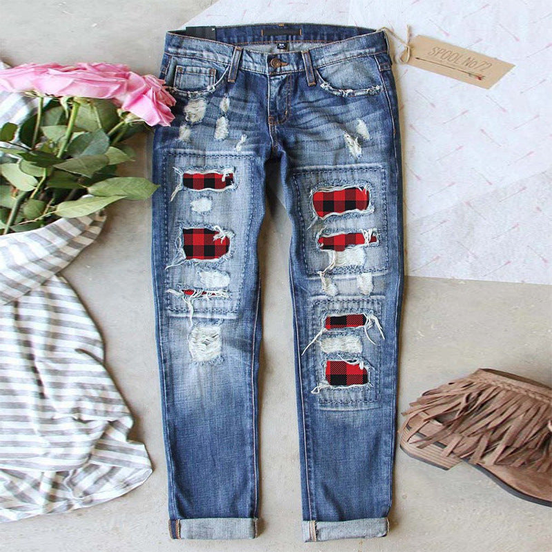 Dame Ripped Jeans med ternede applikationer og afslappet design Stilla