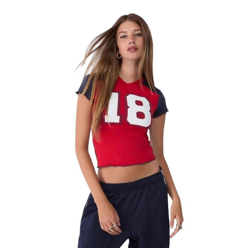 Dame Cropped Athletic Jersey T-Shirt med kontrasterende ærmer Stilla
