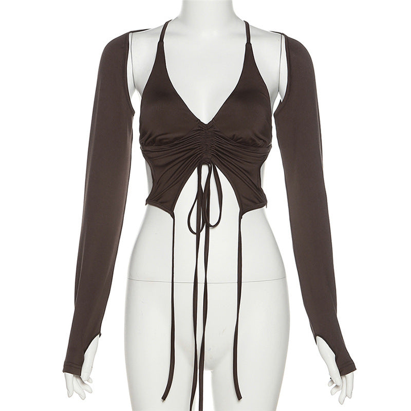 Dame Cropped top med innovativt snøre-design og lange ærmer Stilla