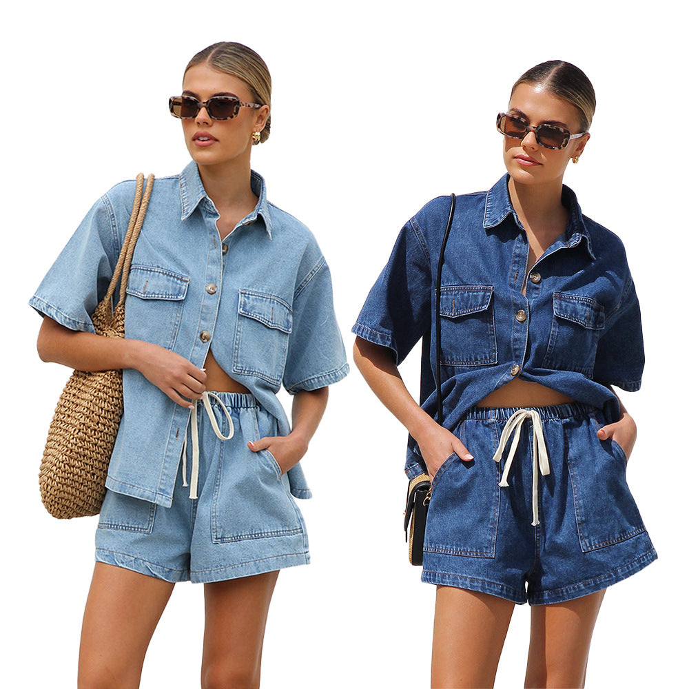 Dame Denim-Casual Sæt med kort top og shorts Stilla