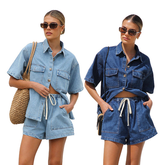 Dame Denim-Casual Sæt med kort top og shorts Stilla