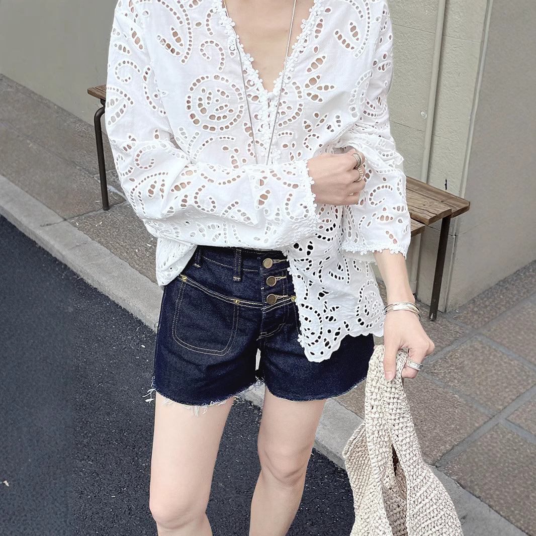 Dame Denim-shorts med knapdetalje og afslappet design Stilla