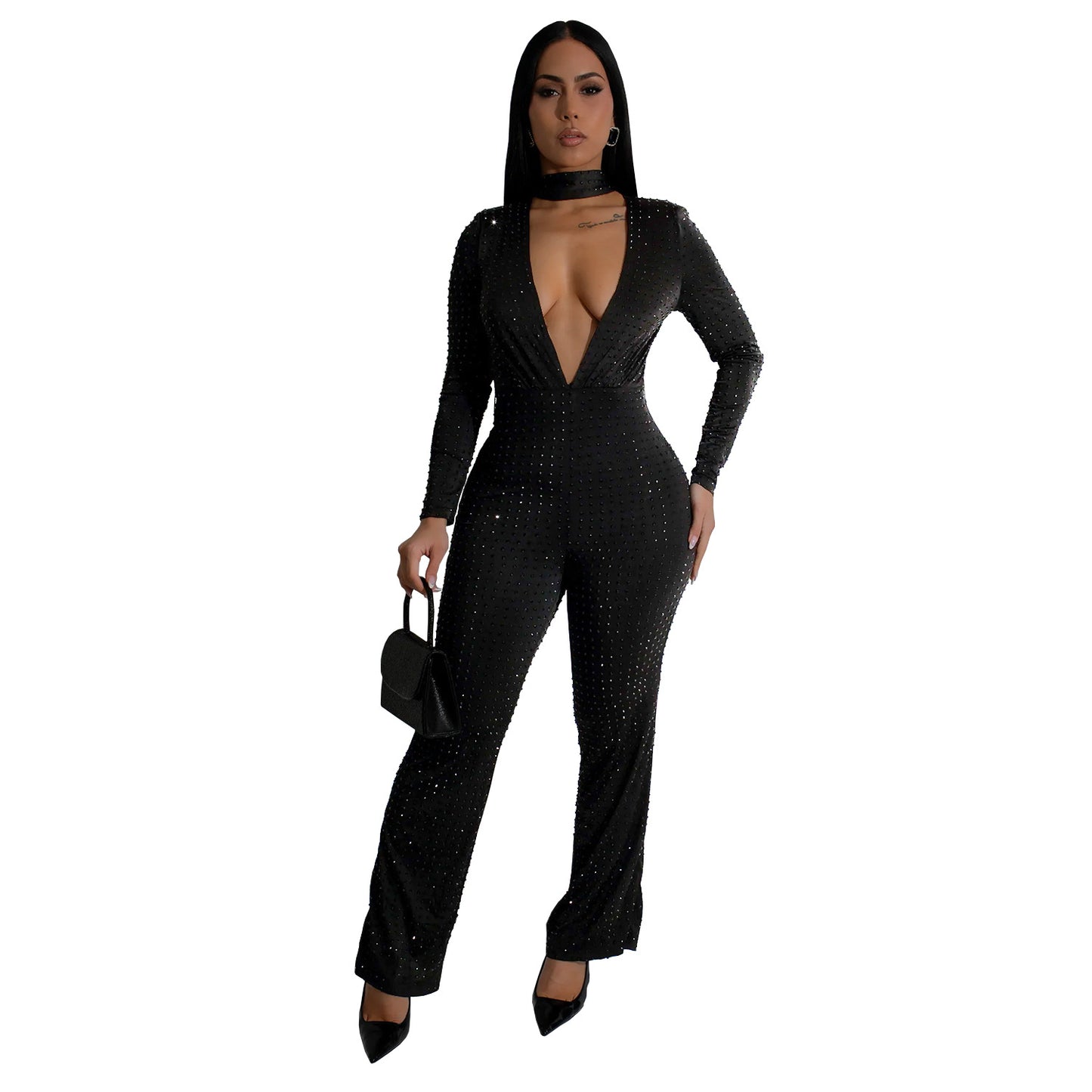 Dame glamorøs jumpsuit med dyb v-udskæring og lange ærmer Stilla