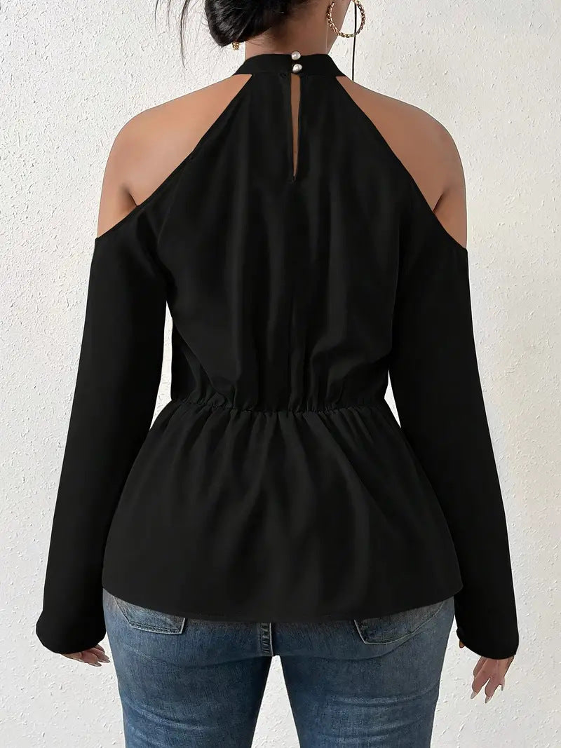 Dame Elegant Bluse med skulderfri detaljer og indpakningsdesign Stilla