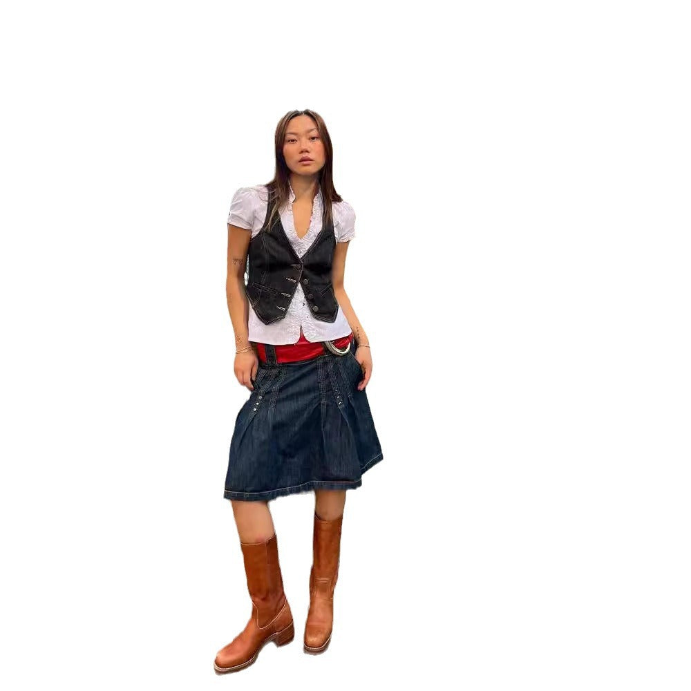 Dame denim-vest med modetræk og helhedsdesign Stilla