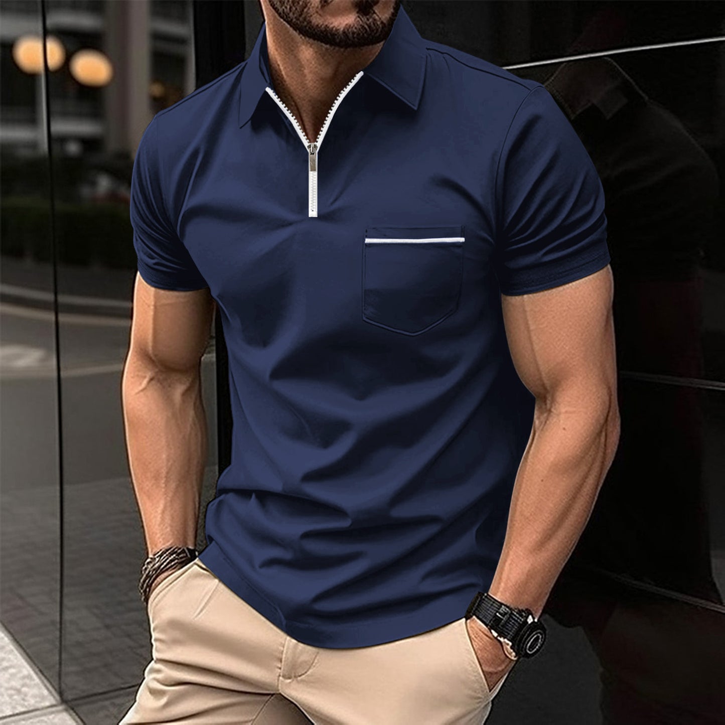Herrer polo shirt med moderne kort lynlås og brystlomme Stilla