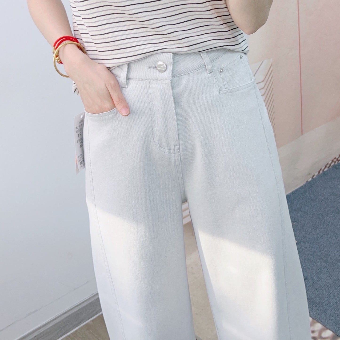 Dame Elegant Højskåret brede Jeansbukser med glat snit og praktiske lommer Stilla