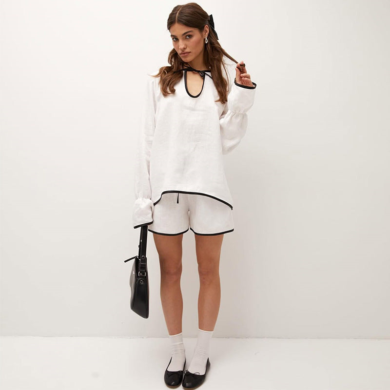 Dame afslappet linned sæt med åben krave og kontrastdetaljer Stilla