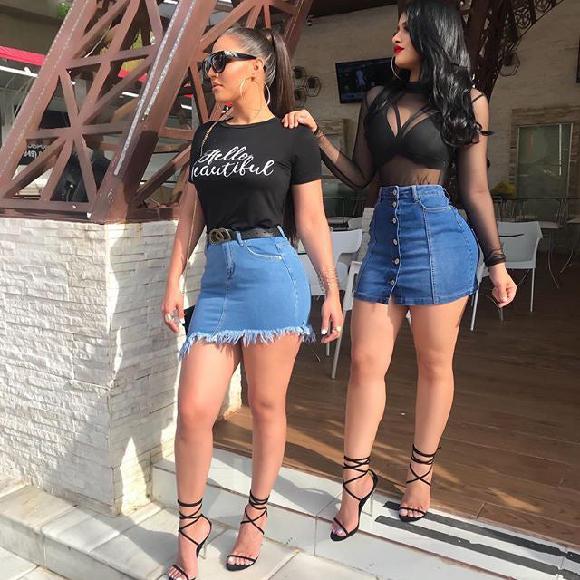 Dame denim-nederdel med frynset kant og høj talje Stilla