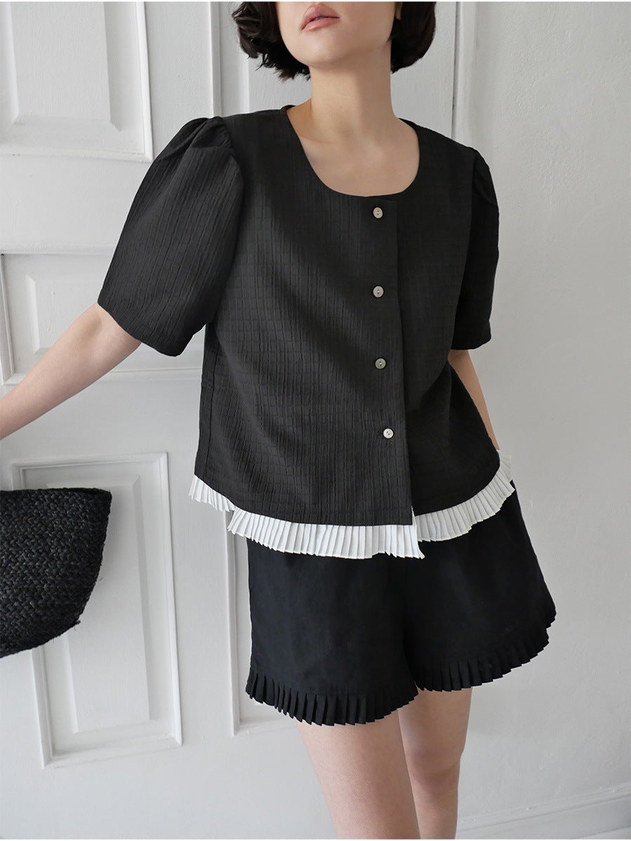 Dame afslappet bluse med rynket kortærmet og knaplukning Stilla