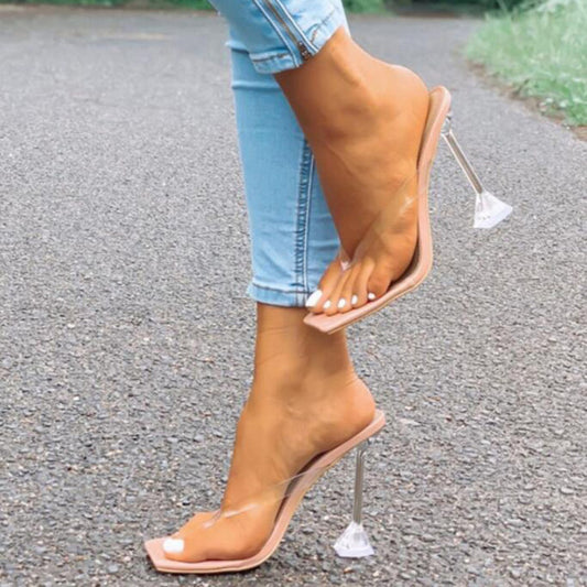 Dame åbne højhælede pantoletten med gennemsigtigt remdesign og moderigtigt blokhæl Stilla