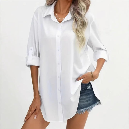 Dame afslappet Langærmet bluse med dropped shoulders og klassisk krave Stilla