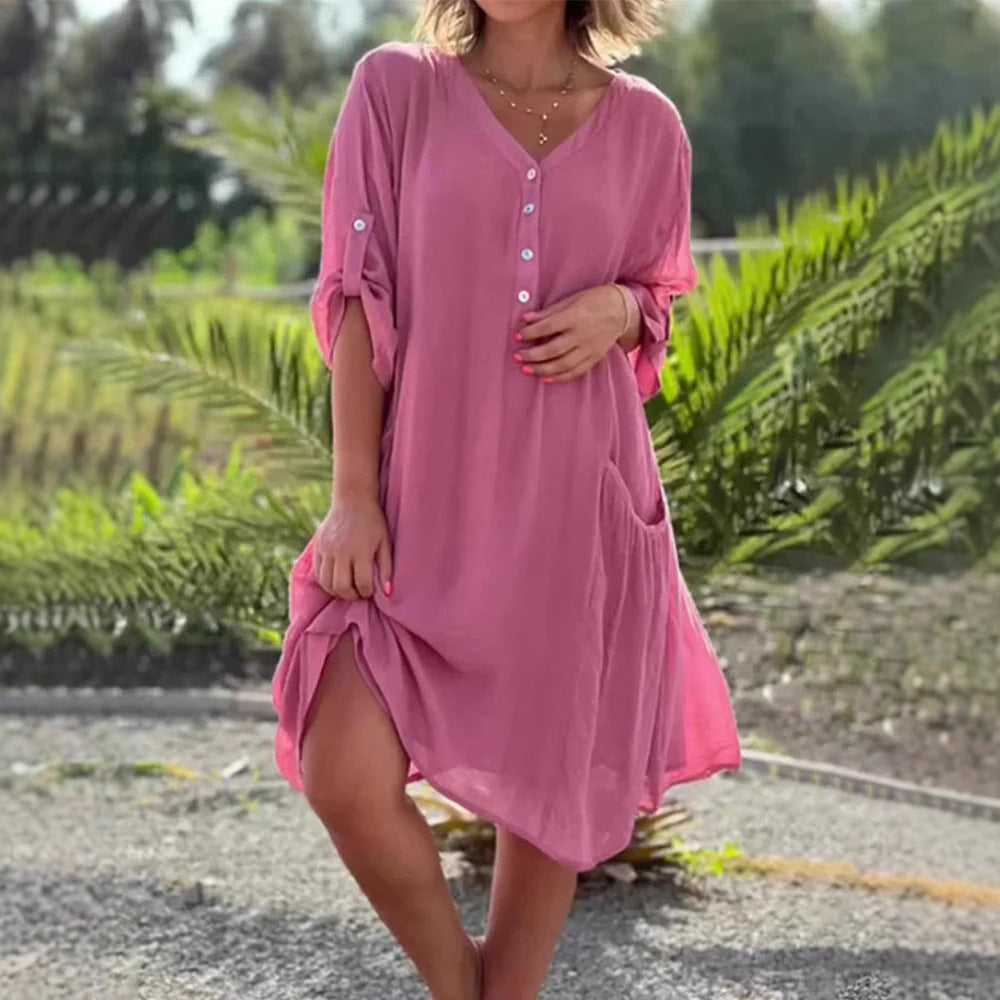 Dame afslappet strandkjole med knapfront og lommer Stilla