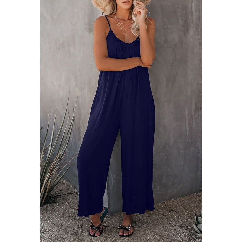 Dame Flydende Bredbenet Jumpsuit med Justerbare Spaghetti Stropper Stilla