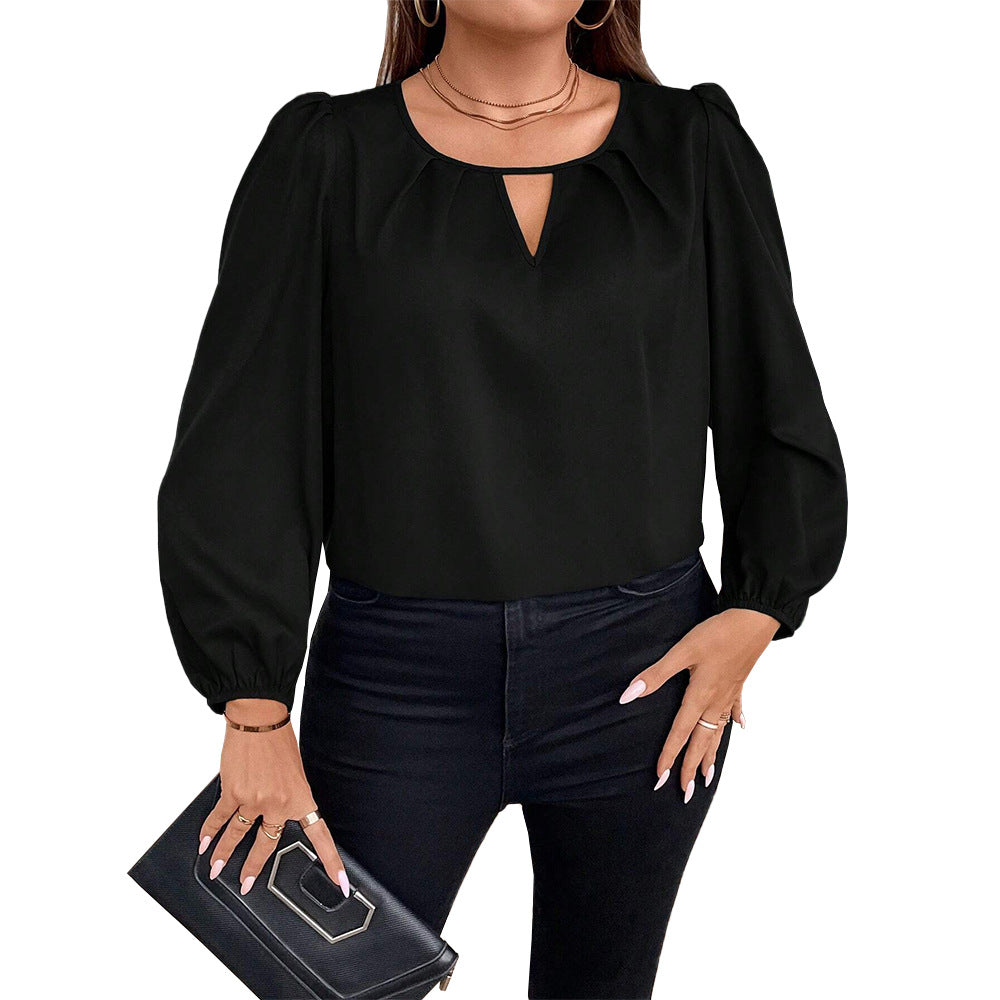 Dame elegant bluse med ballonærmer og nøgleudskæring Stilla