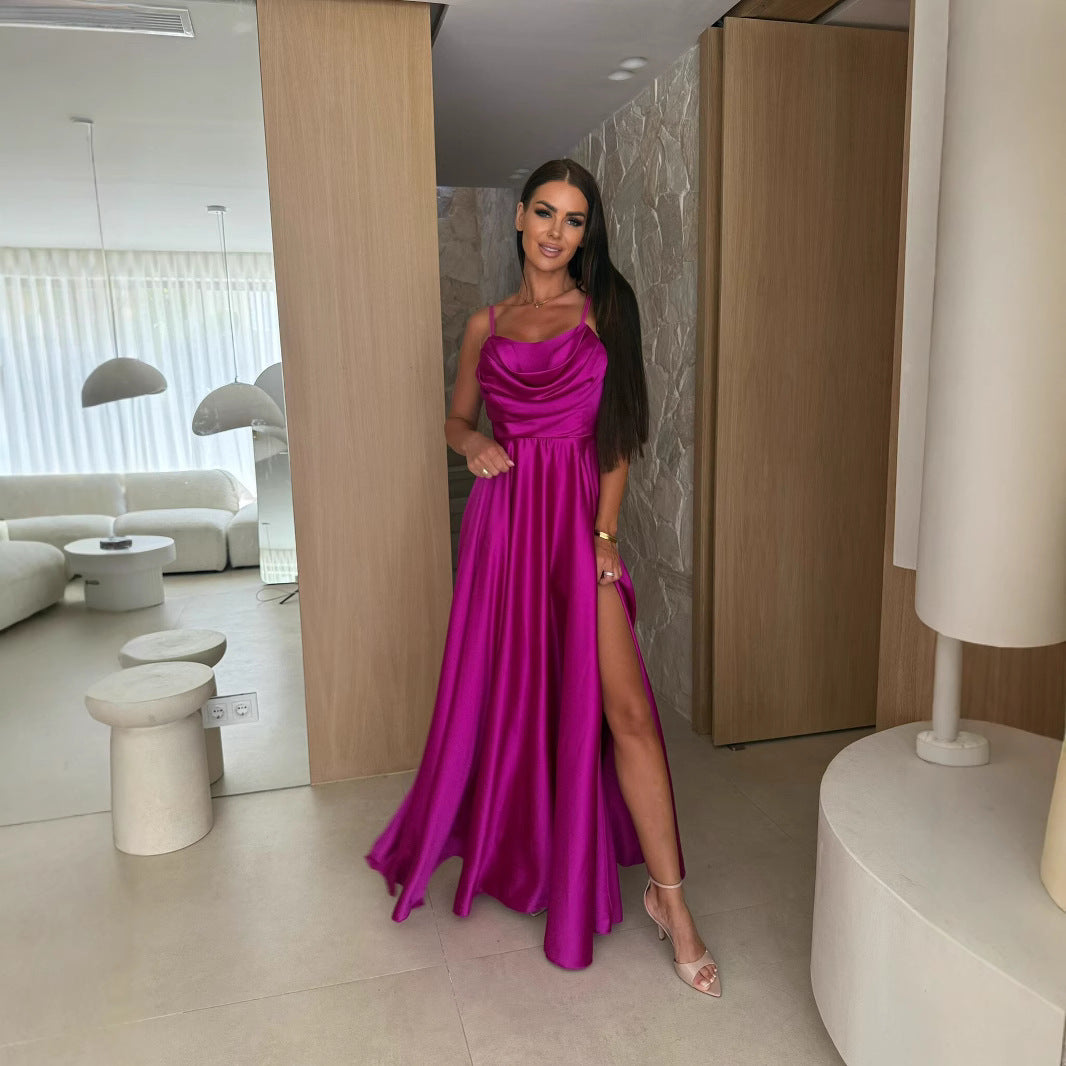 Dame elegant aftenkjole med draperet udskæring og højt ben split Stilla