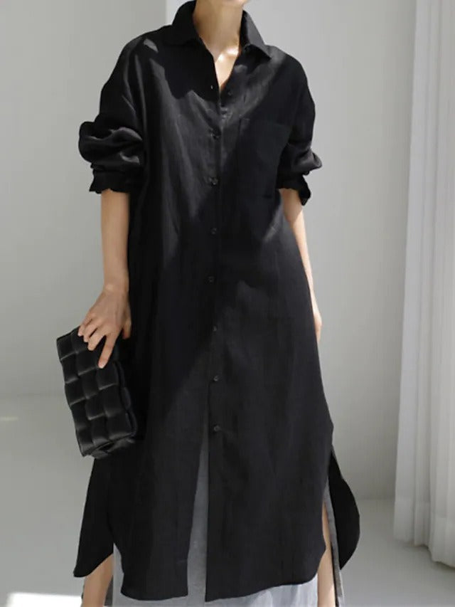 Dame Oversized Skjortekjole med side Slids og fin Linnedstruktur Stilla