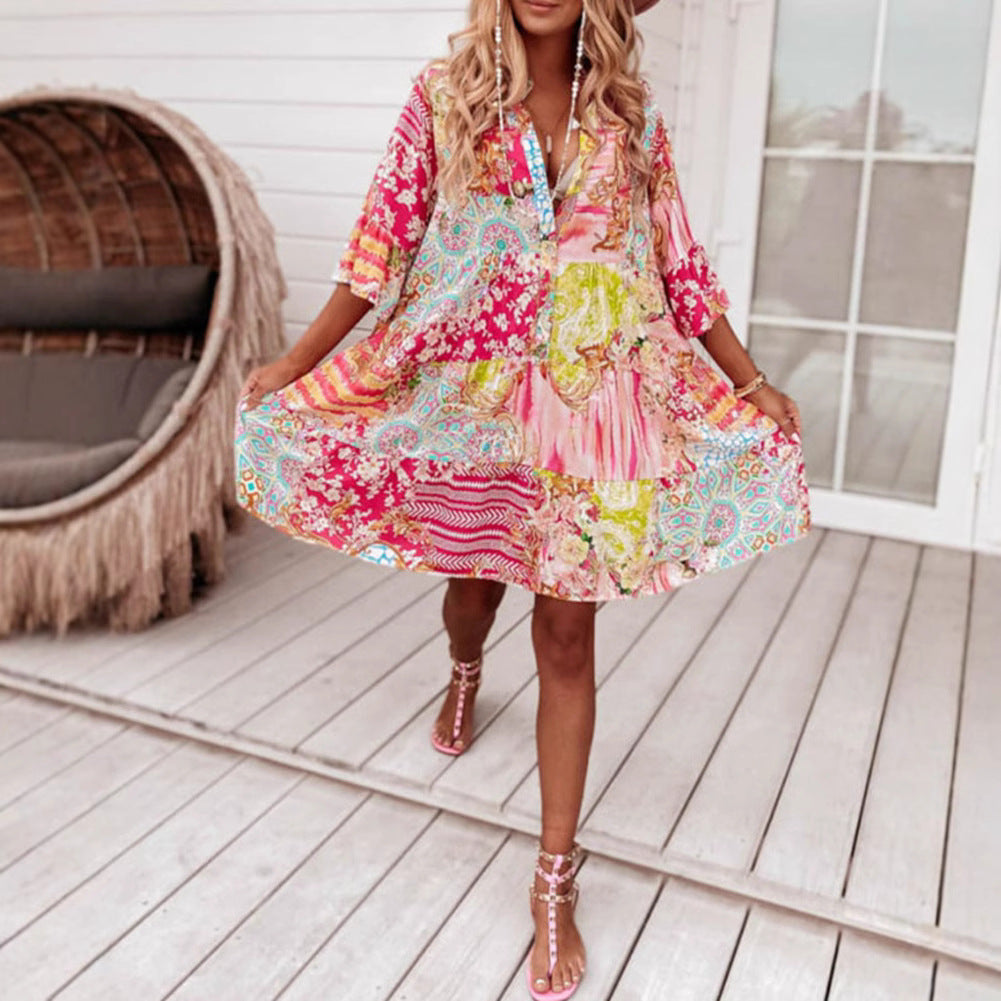 Dame afslappet maxikjole med farverigt patchwork-design og komfortabel pasform Stilla