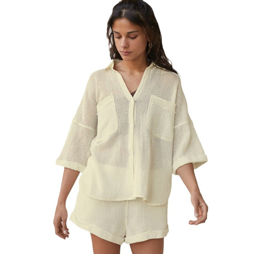 Dame afslappet loungewear-sæt med hulmønster og behagelig pasform Stilla