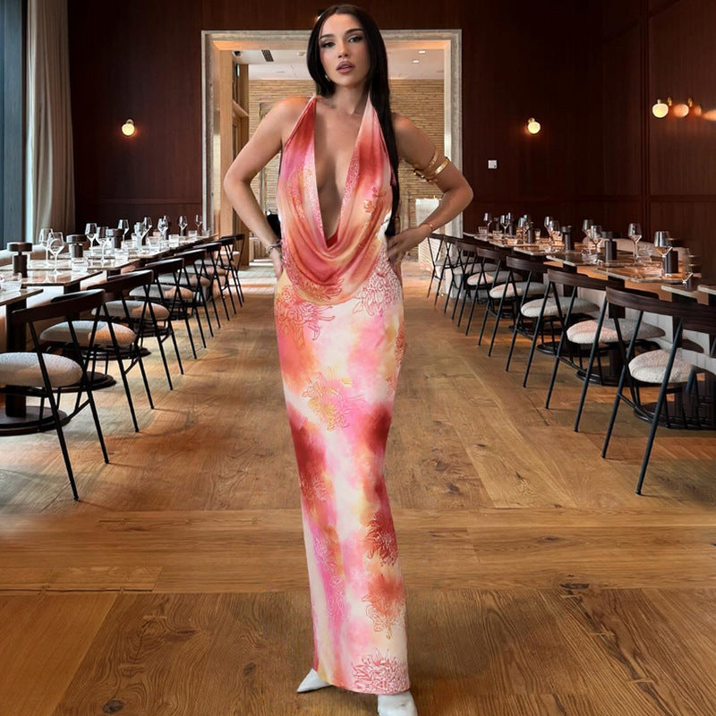 Dame Elegant aftenkjole med dyb udskæring og flydende stof Stilla