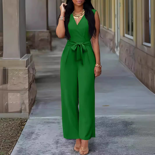 Dame Elegant Jumpsuit med Taljebælte og V-udskæring Stilla
