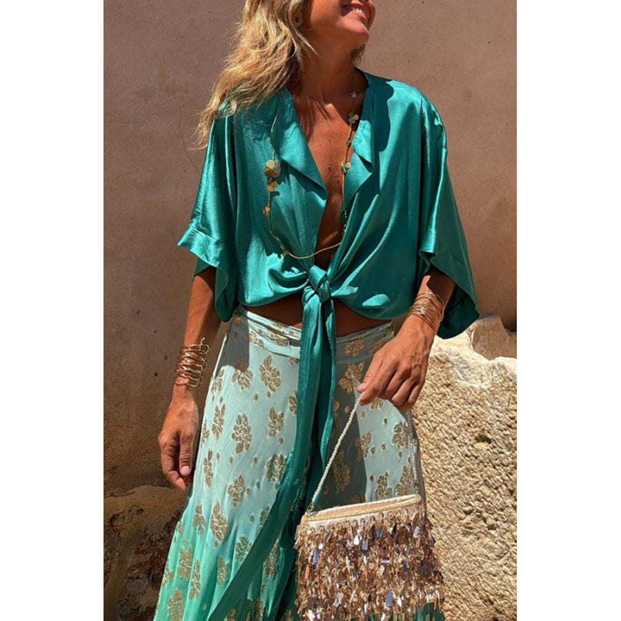 Dame Elegant Bluse- og Nederdelssæt med raffineret Bindebælte Stiila