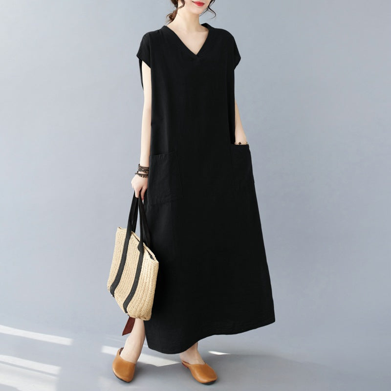 Dame afslappet maxikjole med V-udskæring og praktiske lommer Stilla