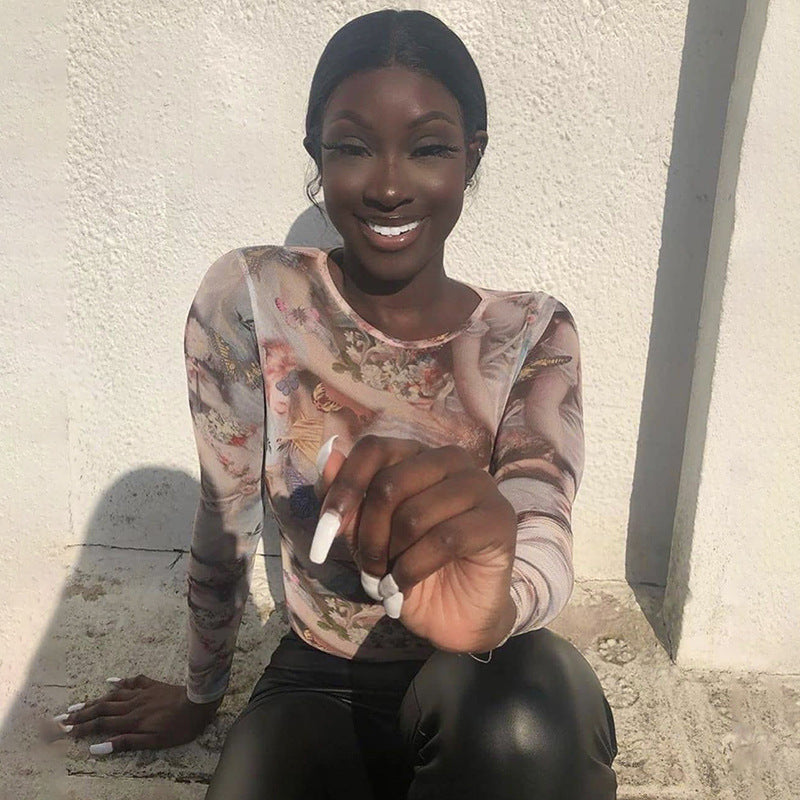 Dame Langærmet Bodysuit med kreativt floralt print og figursyet snit Stilla