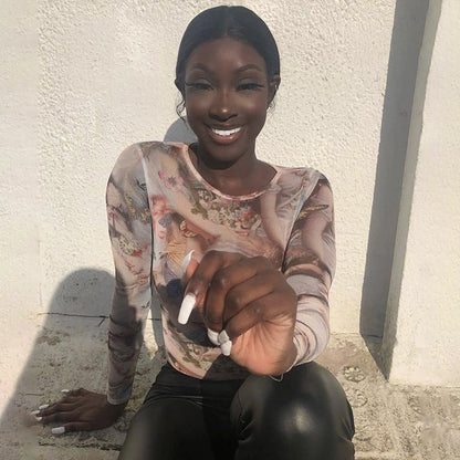 Dame Langærmet Bodysuit med kreativt floralt print og figursyet snit Stilla