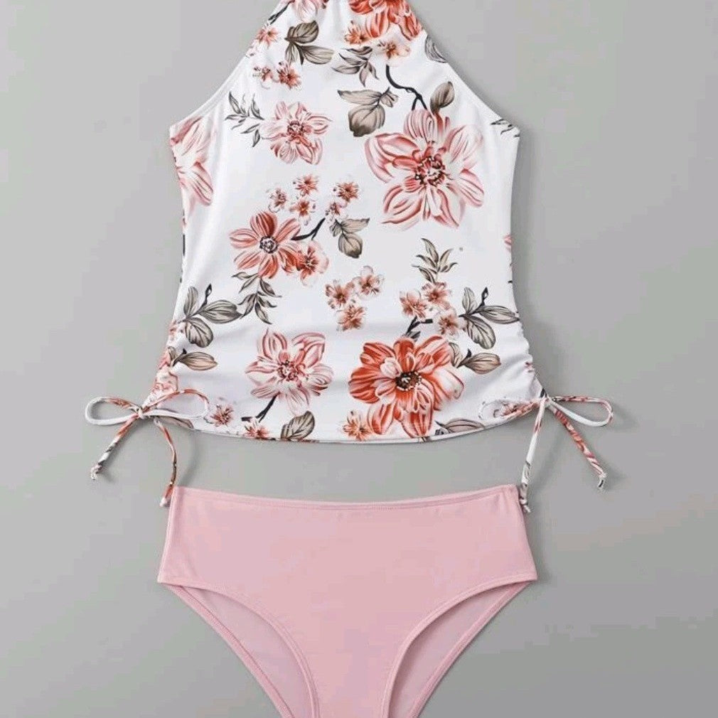 Dame blomster mønster halterneck bikini top og høj skåret bikini bund sæt Stilla