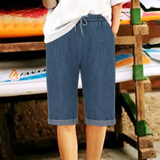 Dame Denim-Bermudaer med justerbar snor og opfoldet kant Stilla