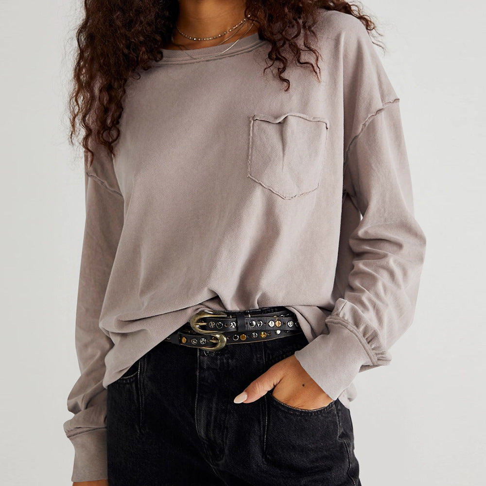 Dame afslappet langærmet skjorte med brystlomme og oversized snit Stilla