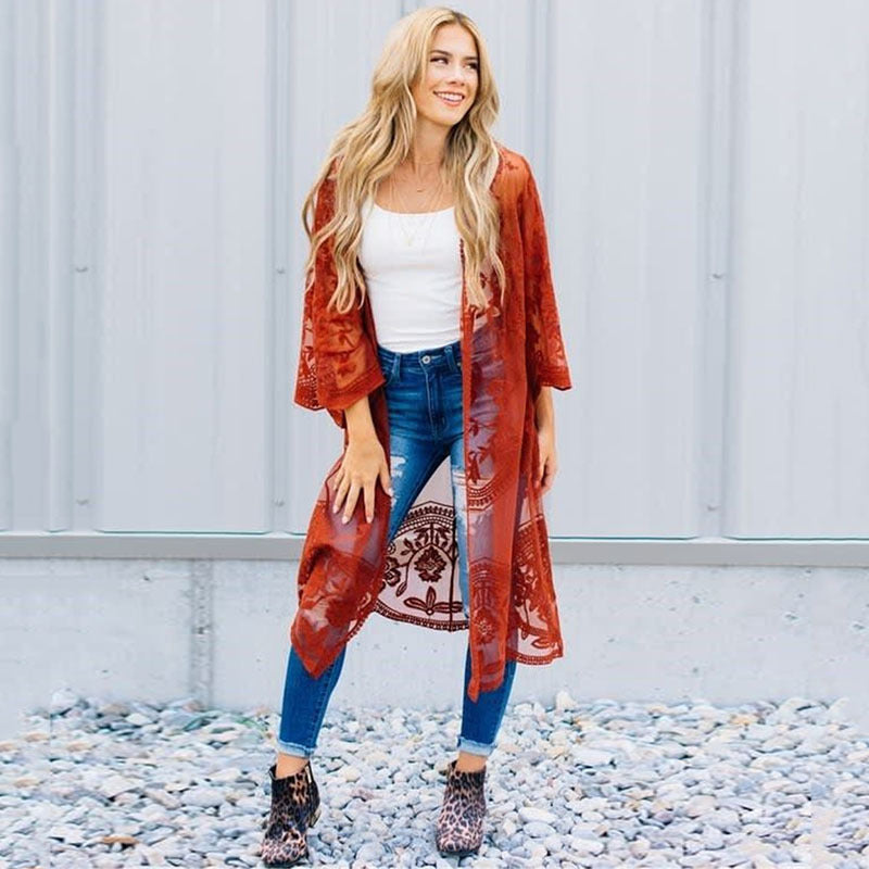 Dame Elegant Hækle-Kimono med florale Detaljer Stilla