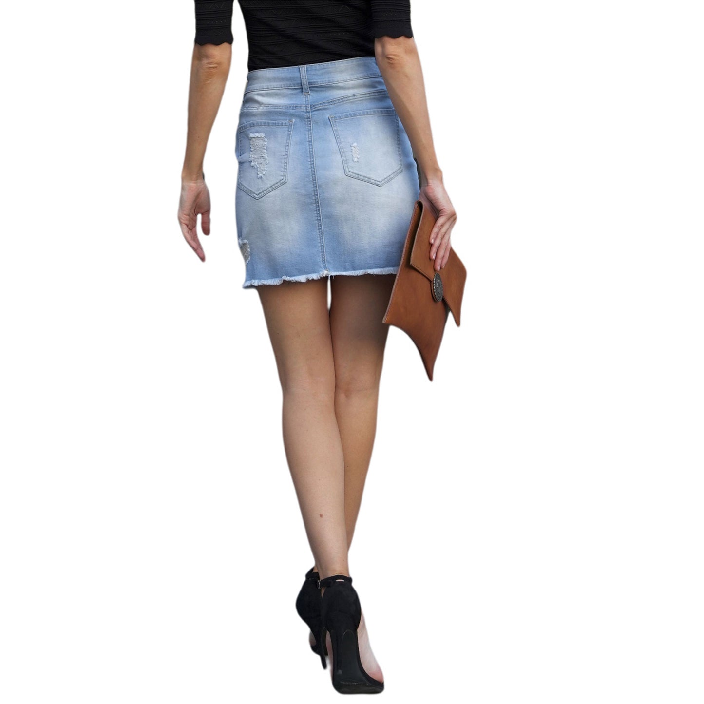 Dame Denim-nederdel med moderne slidte steder Stilla